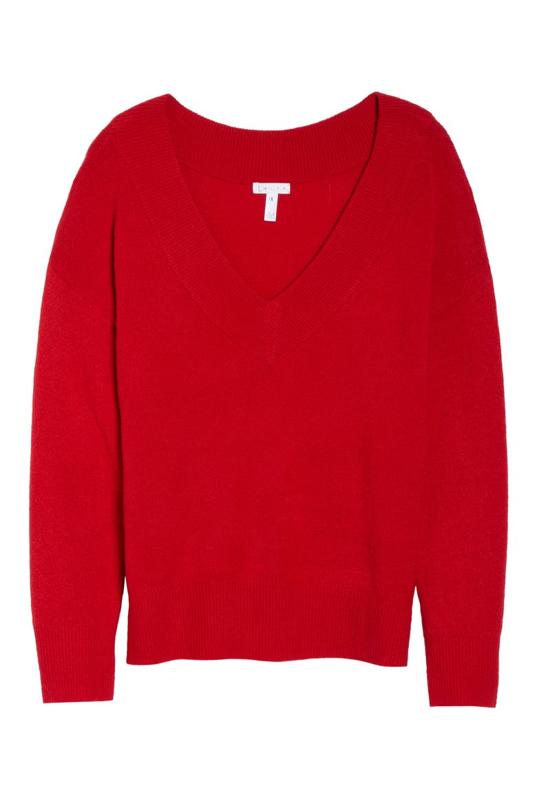 Fluffy Deep V-Neck Pullover, Alternate, color, RED LIPSTICK