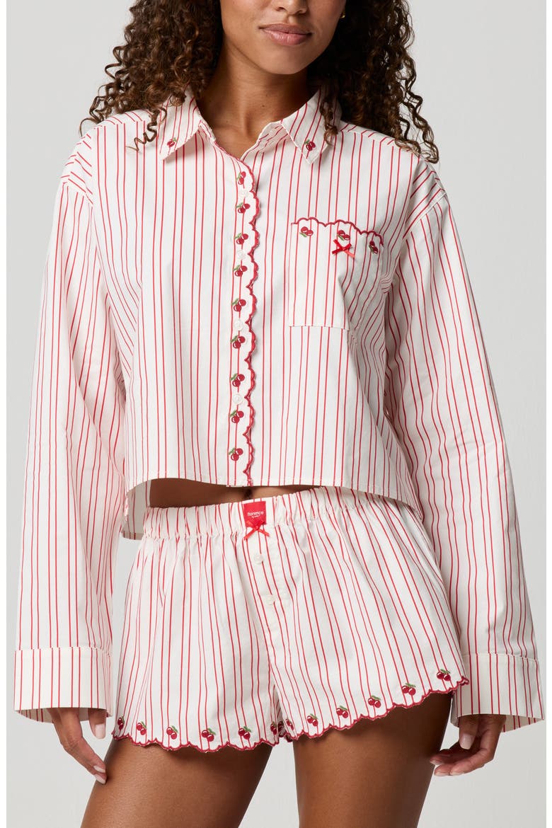 Cherry Stripe Crop Button-Up Shirt, Main, color, CHERRY SCALLOP