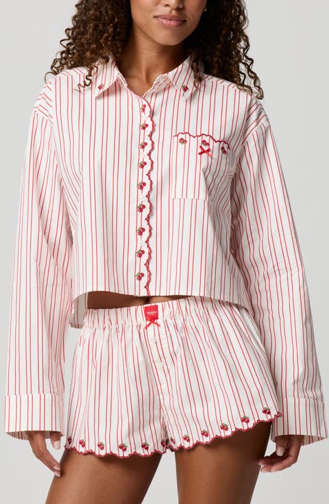 Cherry Stripe Crop Button-Up Shirt