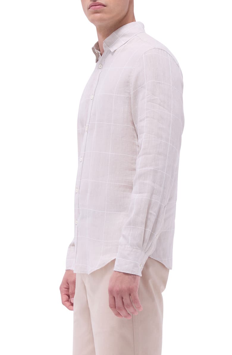 Bugatchi Julian Windowpane Check Linen & Cotton Button-Up Shirt, Alternate, color, Sand