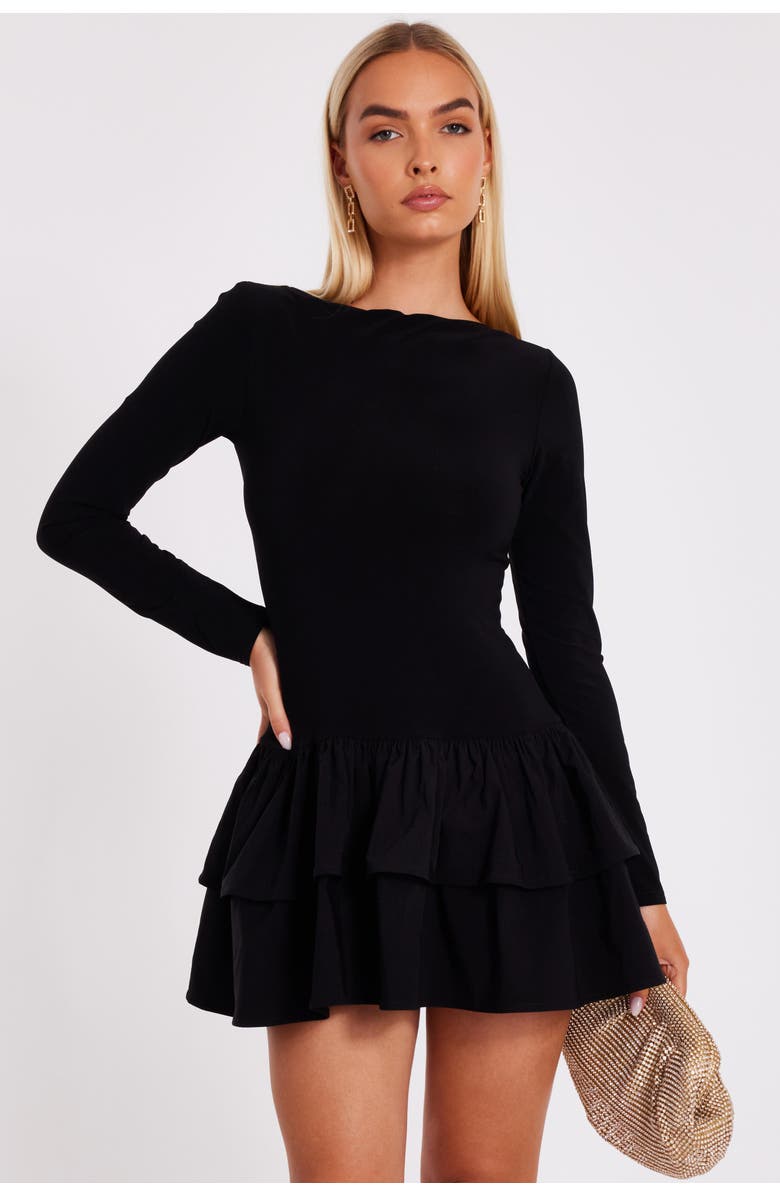 QUIZ ITY Bengaline Long Sleeve Frill Mini Dress, Main, color, 