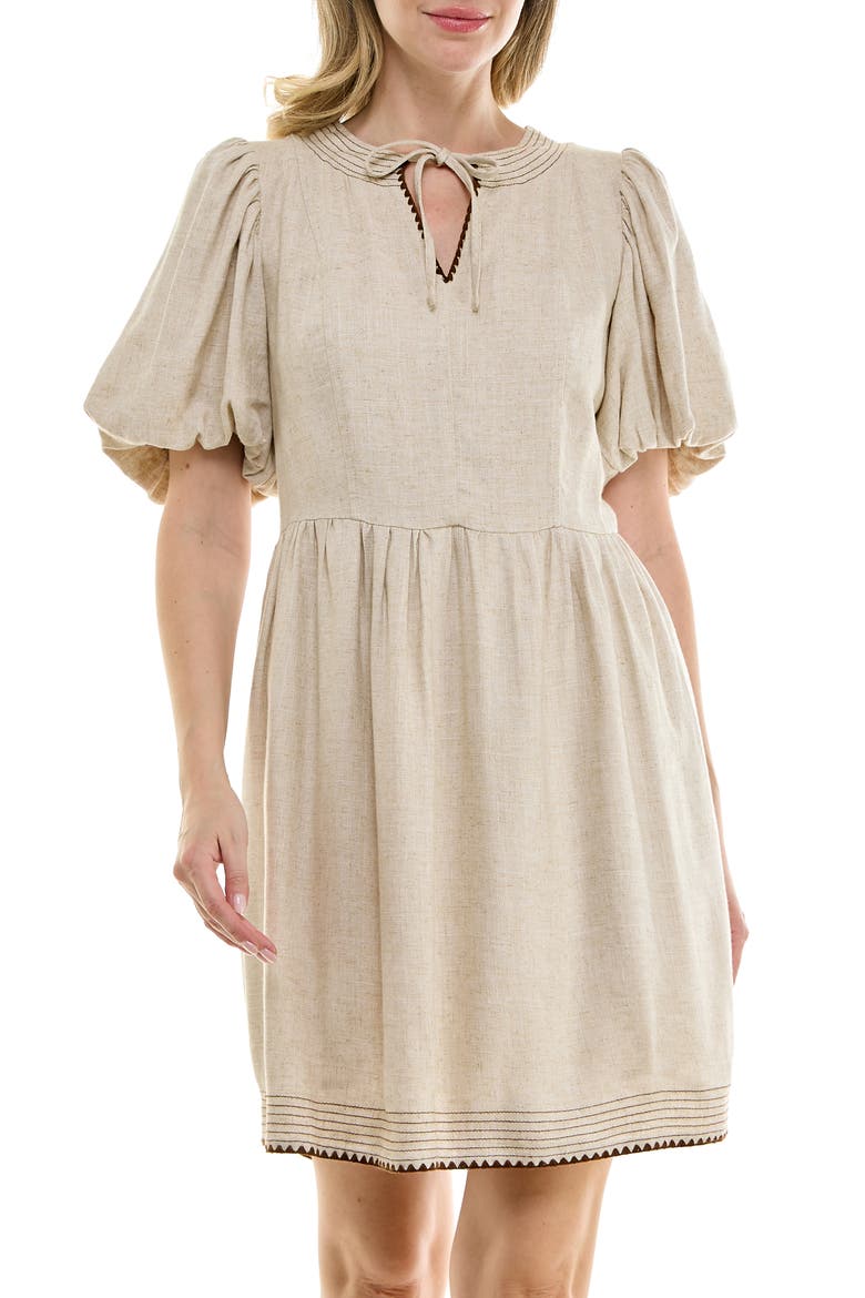 Embroidered Short Sleeve Fit & Flare Dress, Alternate, color, HEATHER TAN