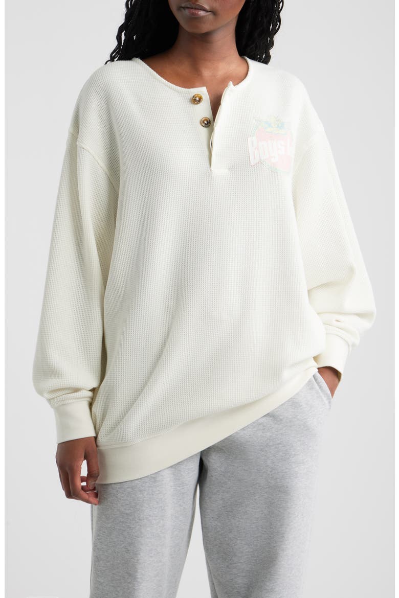 Breakfast Beers Graphic Waffle Knit Henley Sweatshirt, Main, color, WHITE