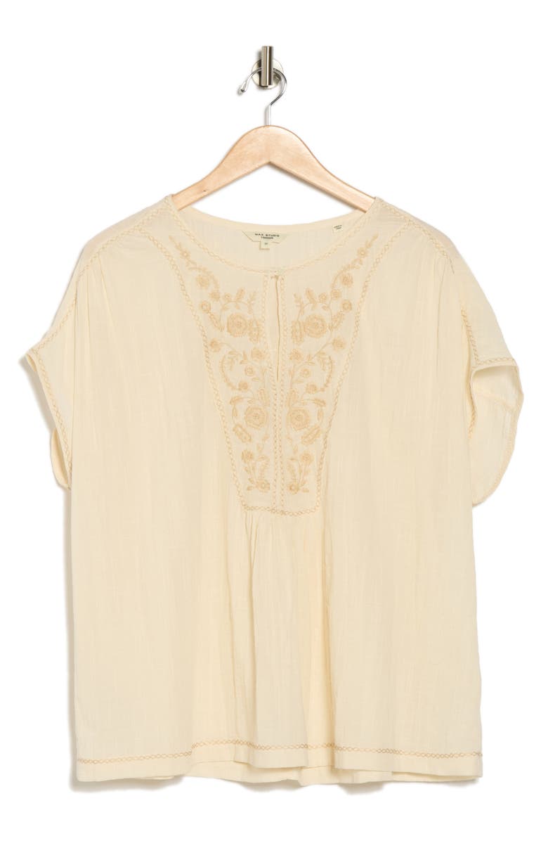 MAX STUDIO Short Sleeve Embroidered Top, Alternate, color, Antique White/ Khaki Blooms