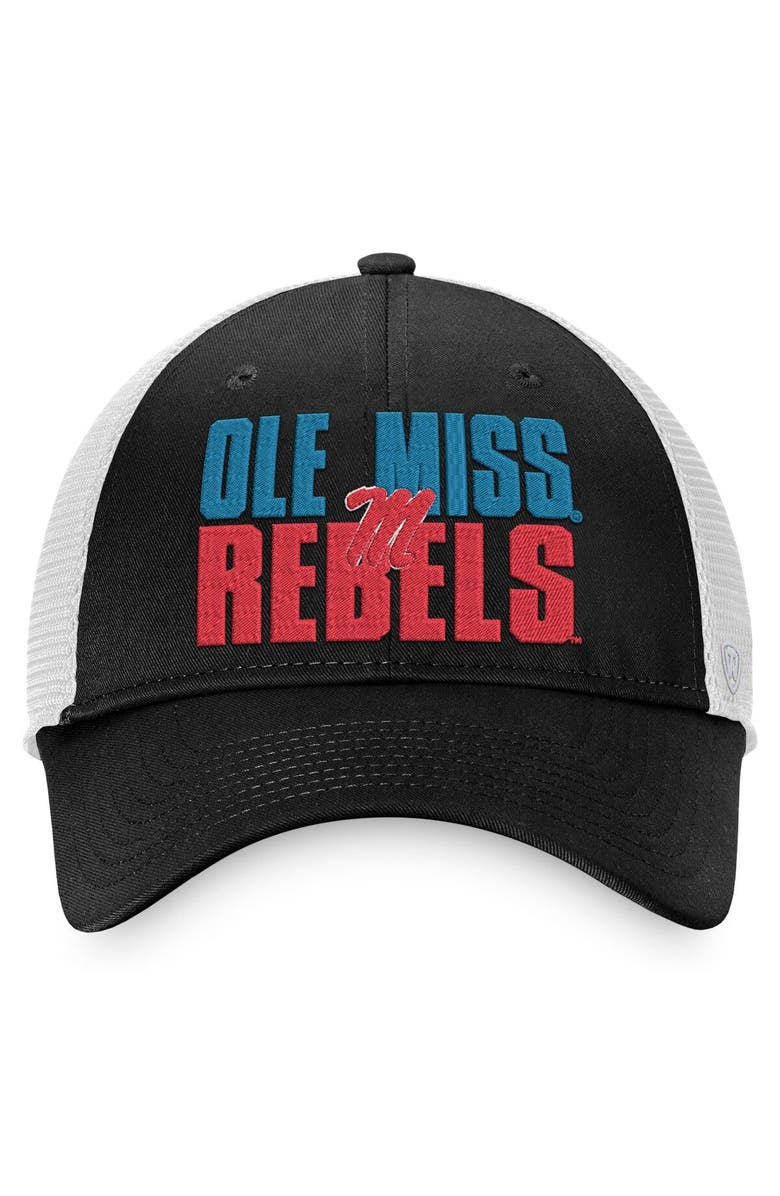 TOP OF THE WORLD Men's Top of the World Black/White Ole Miss Rebels Stockpile Trucker Snapback Hat, Alternate, color, Black