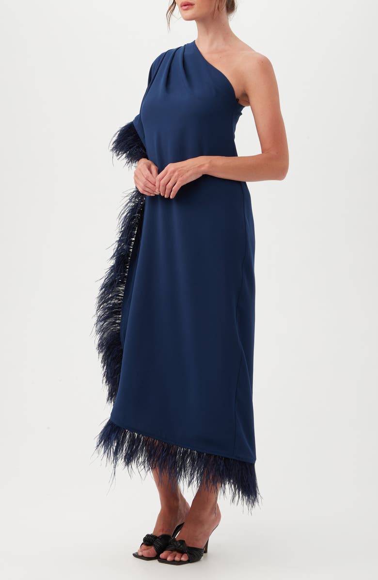 Trina Turk Largo One-Shoulder Feather Trim Caftan Maxi Dress, Alternate, color, Ink