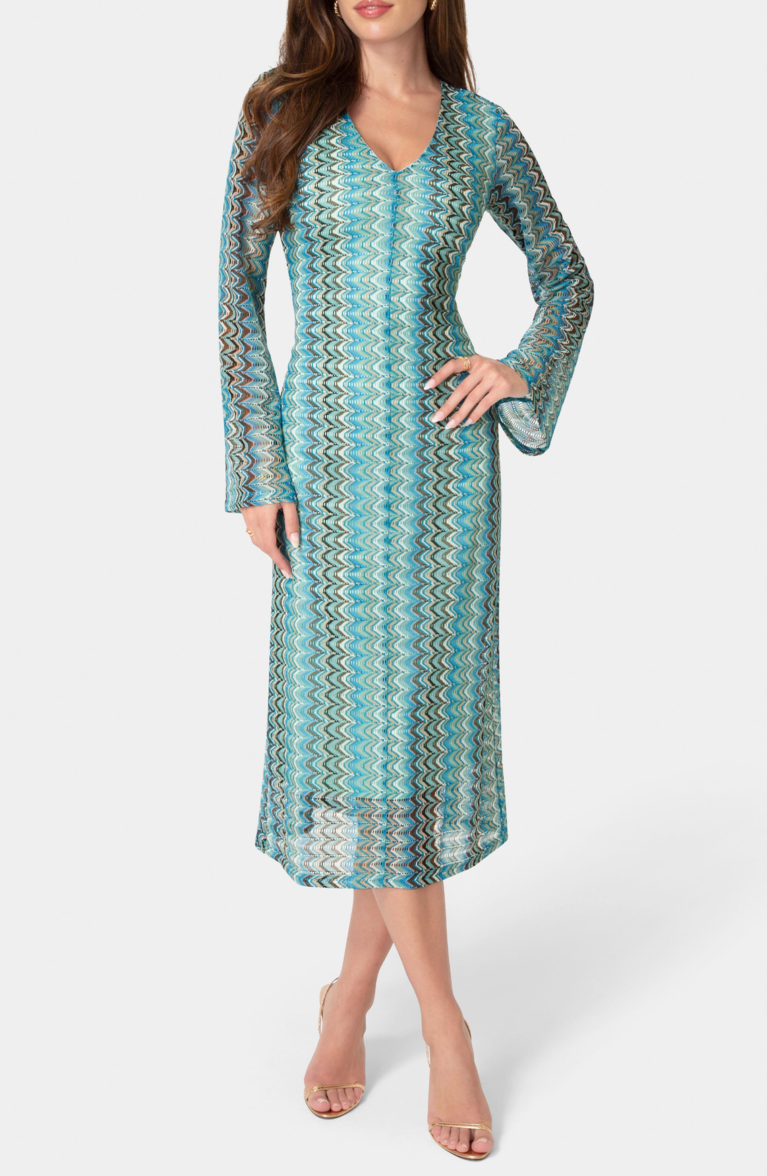 bebe Stripe Print Long Sleeve Midi Dress