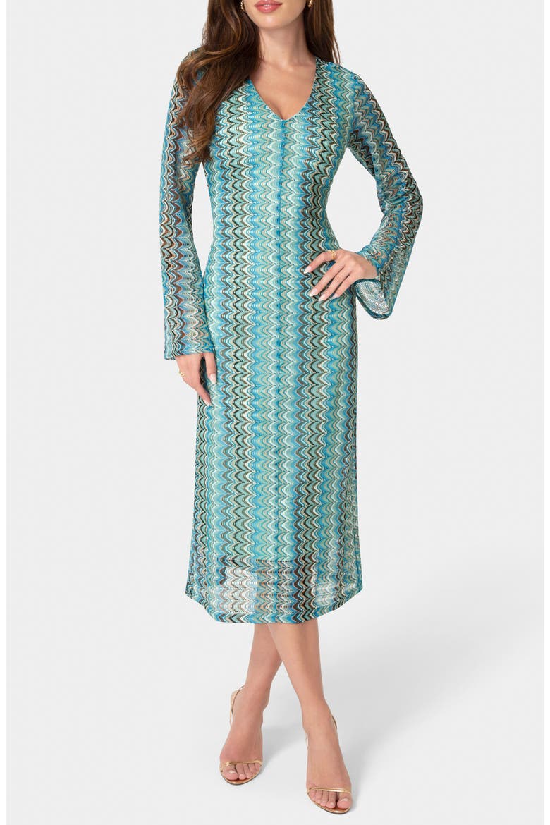 Stripe Print Long Sleeve Midi Dress, Main, color, BLUE MULTI