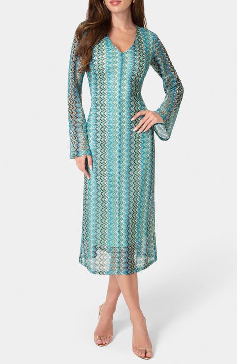 Stripe Print Long Sleeve Midi Dress