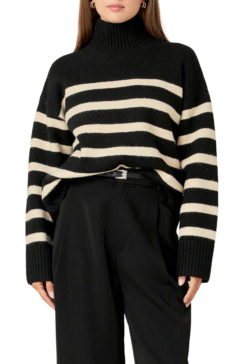 English Factory Stripe Turtleneck Sweater, Alternate, color, Black/ Cream