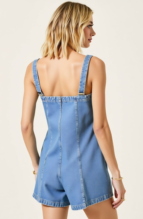Modenaire Denim Zip-front Romper With Wide Straps And Side Pockets In Blue