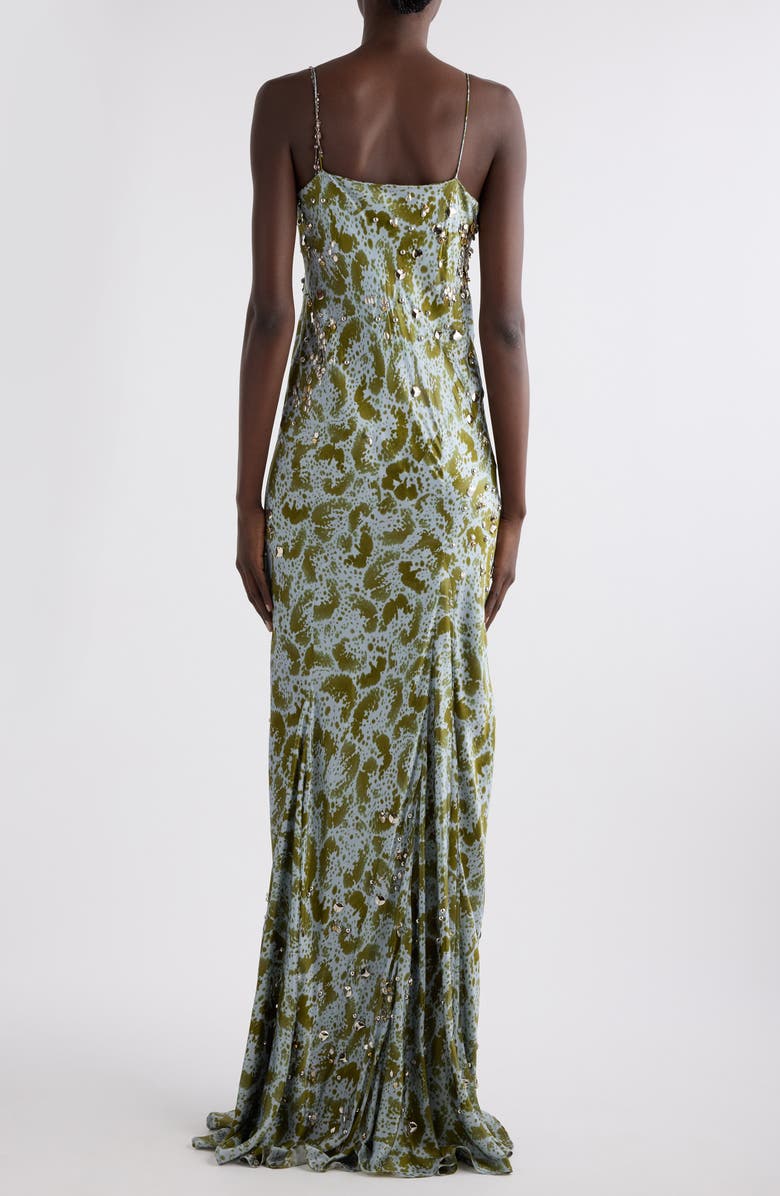 Deryl Orchid Petal Print Embellished Silk Column Gown