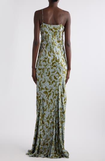 Deryl Orchid Petal Print Embellished Silk Column Gown