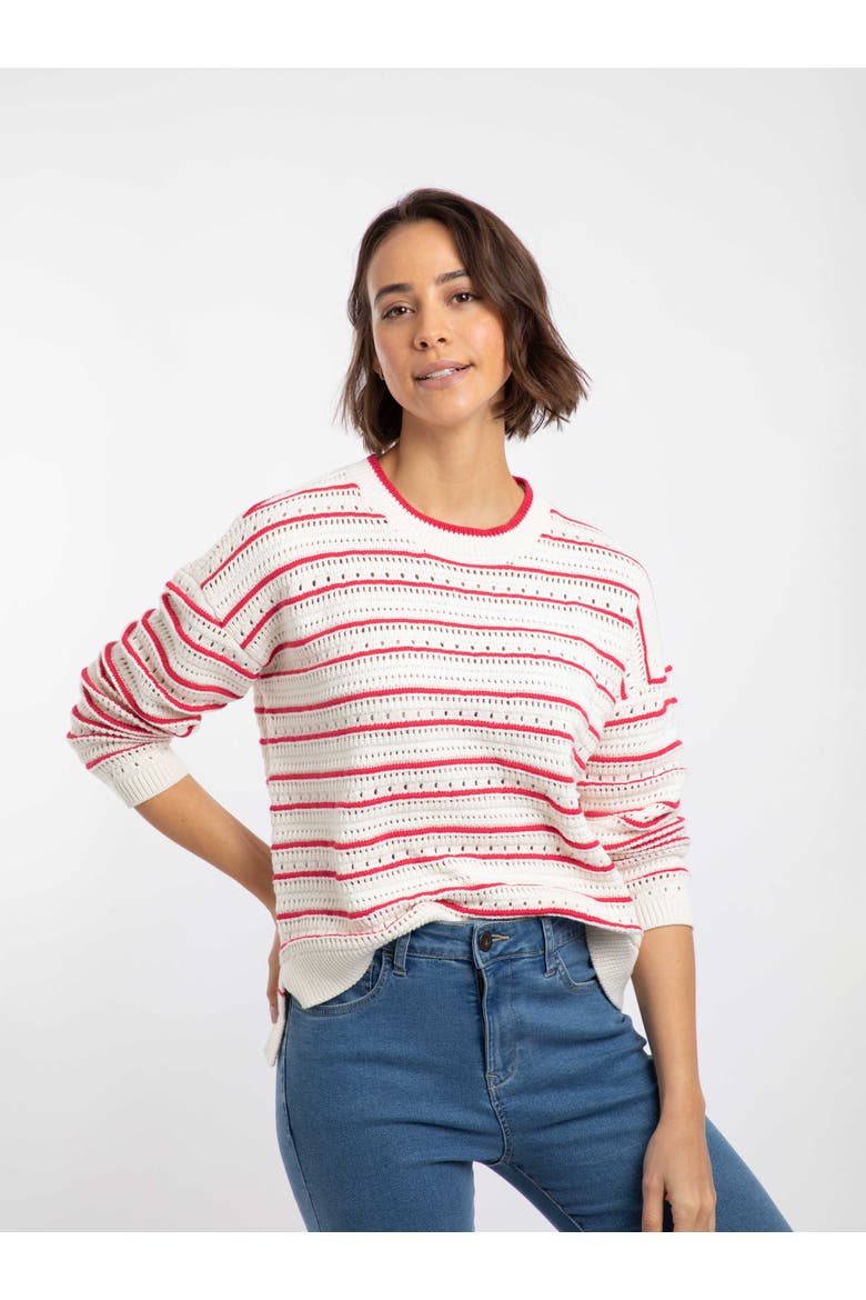 Liah Pointelle Striped Crew Neck Jumper, Main, color, Deep Pink
