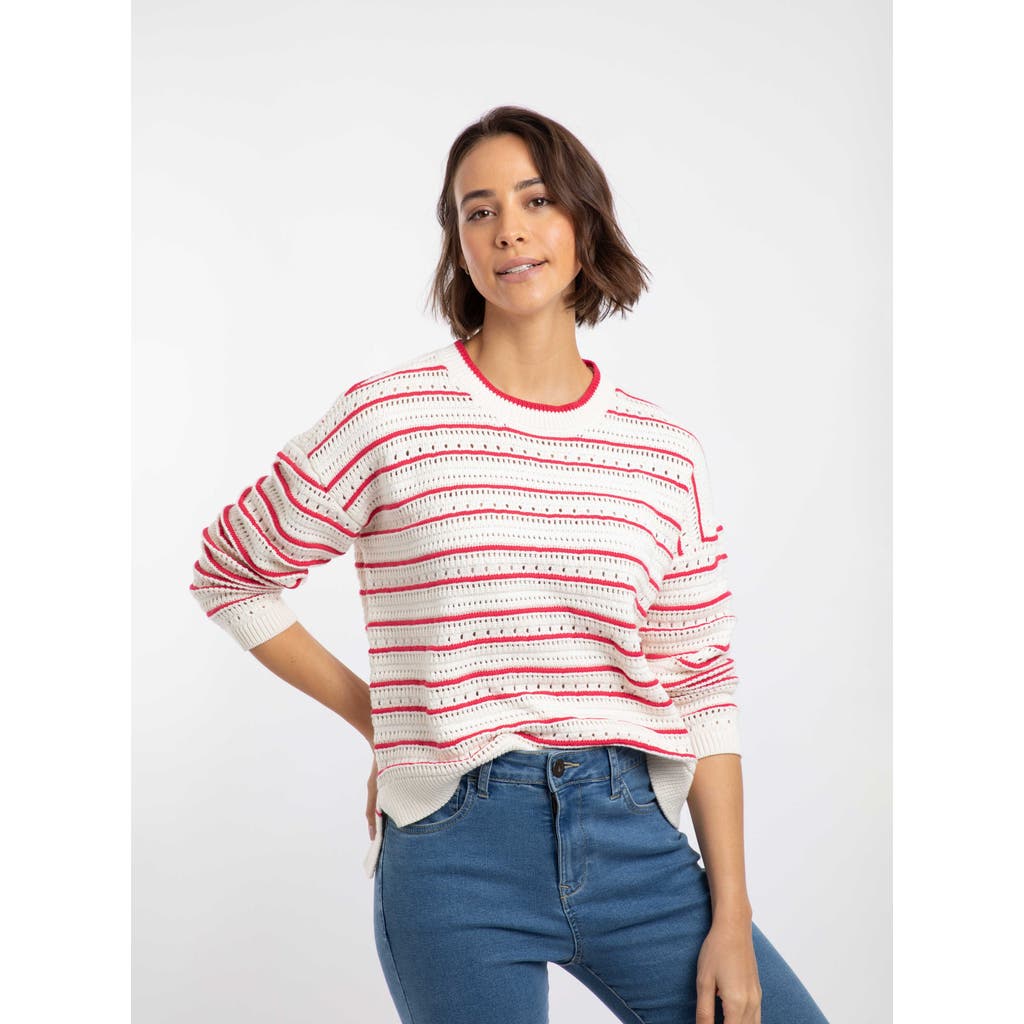 Weird Fish Liah Pointelle Striped Crew Neck Jumper In White