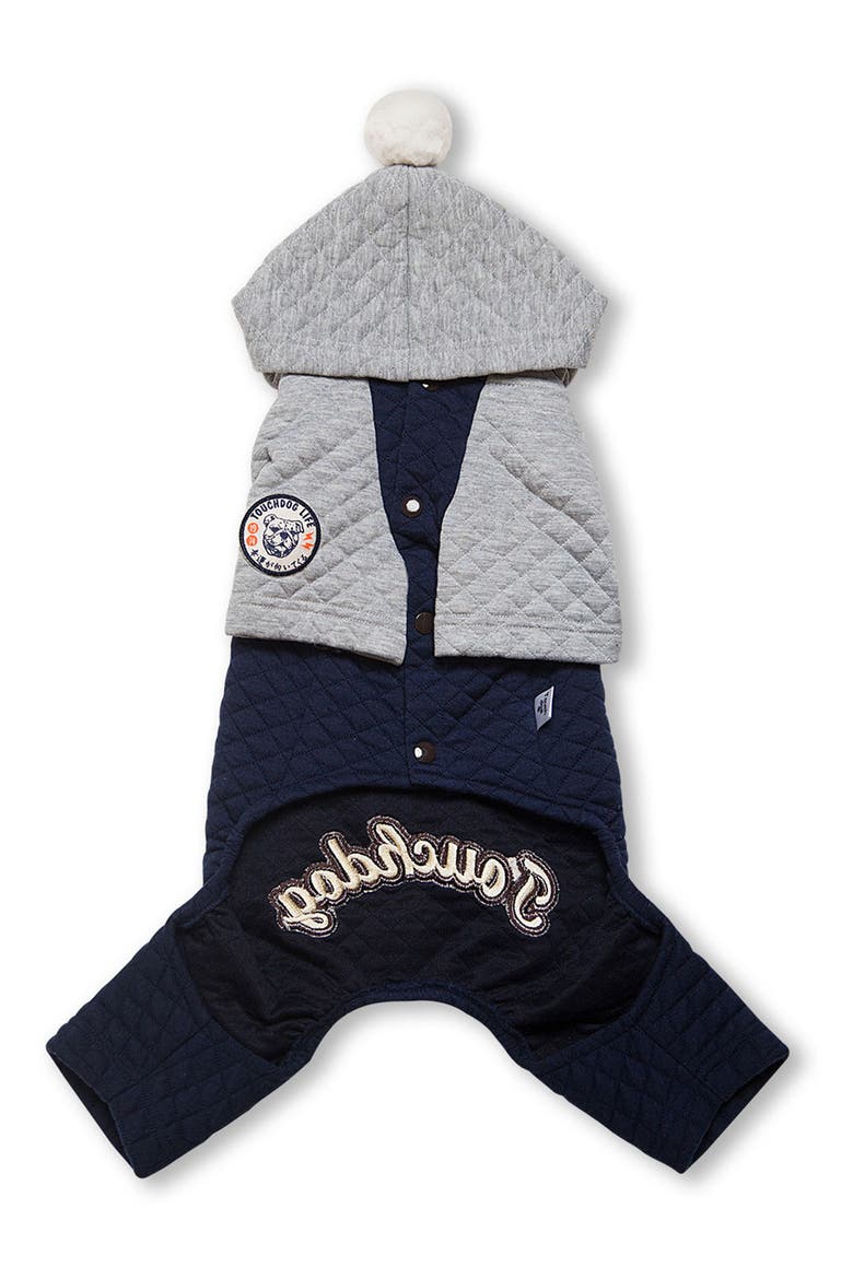 Touchdog Quilt Hooded Full Bodied Jumpsuit, Alternate, color, NAVY/ GREY