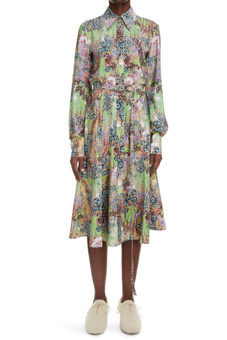 Marble Print Silk Crêpe de Chine Shirtdress, Main, color, MULTICOLOR GREEN 1 3ZA