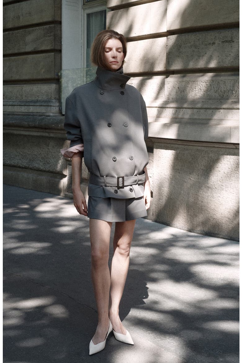 Funnel Neck Trench Coat with Belt, Alternate, color, GREY