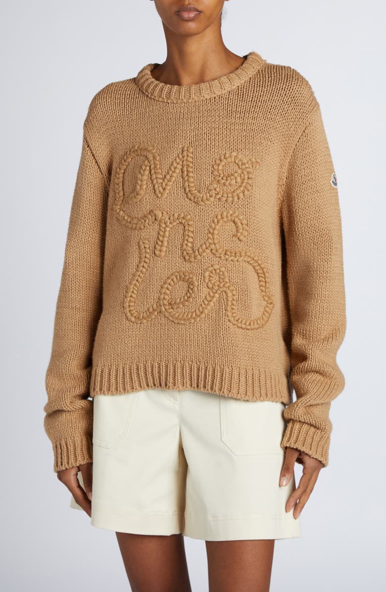 Moncler Logo Embroidered Crewneck Sweater, Main, color, Beige Tan