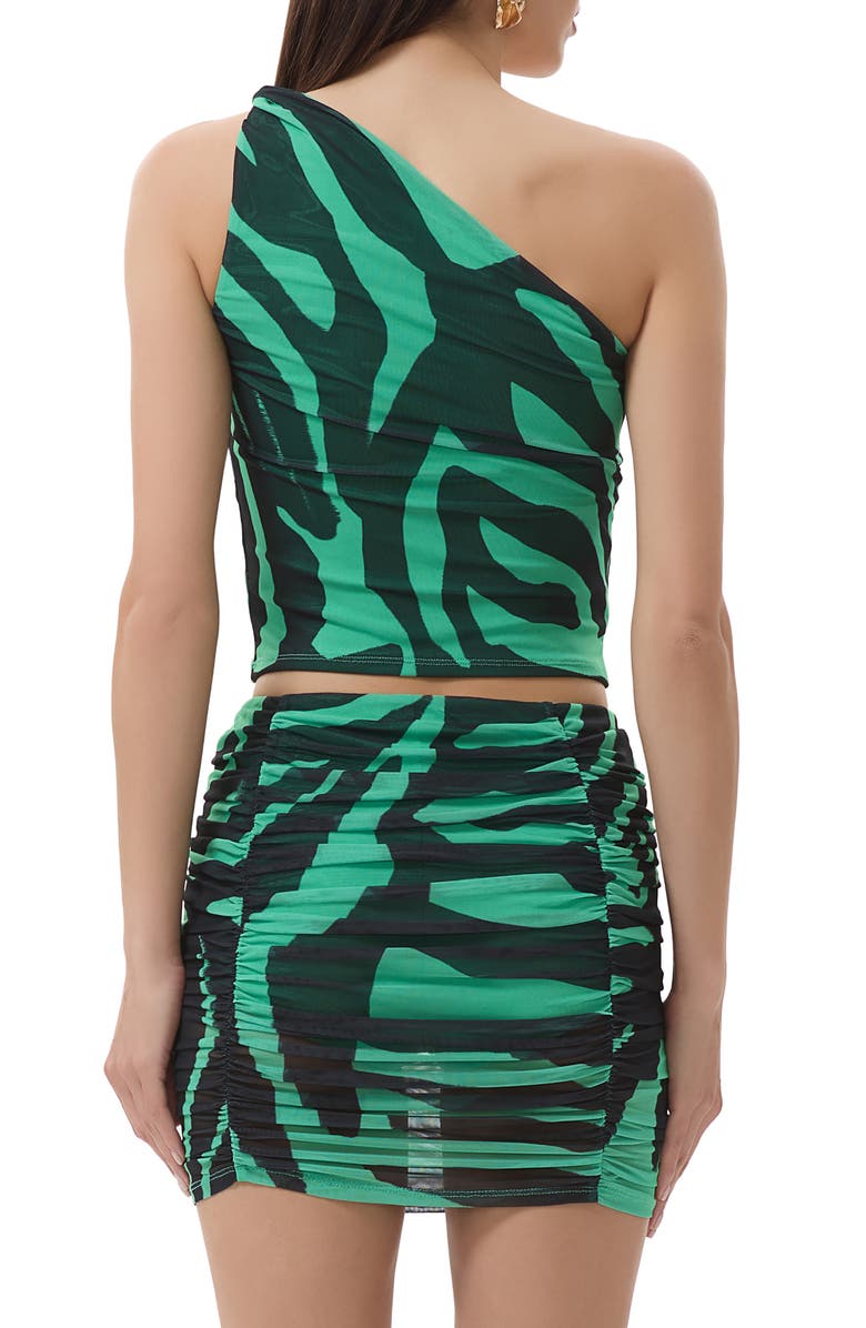 AFRM Zakia One-Shoulder Ruched Mesh Crop Top, Alternate, color, Green Zebra