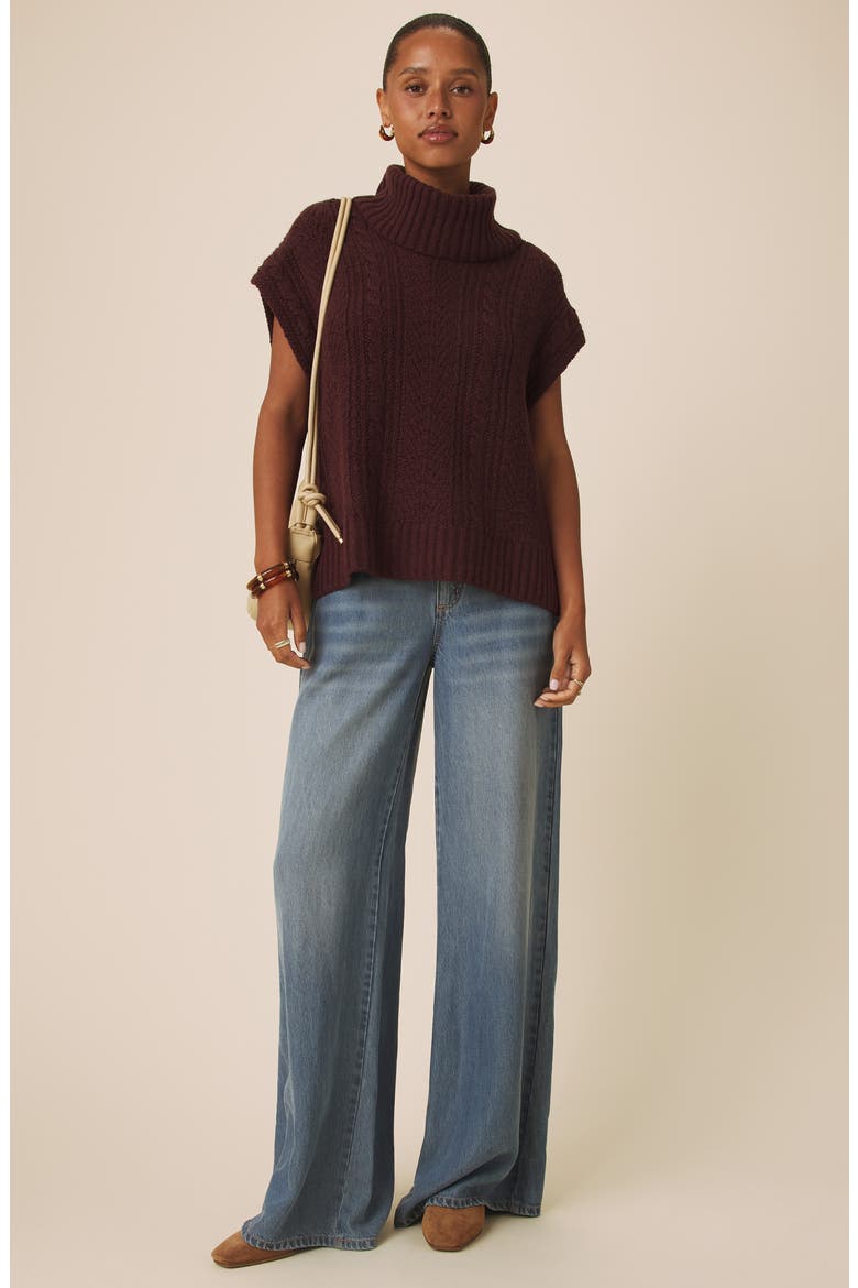 Rosalina Cable Stitch Short Sleeve Turtleneck Sweater, Alternate, color, MERLOT RED
