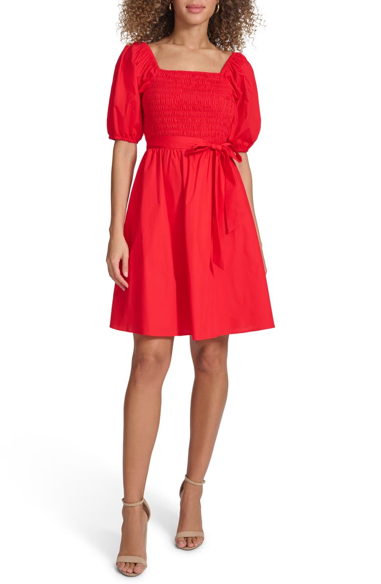 Kensie Puff Sleeve Cotton Dress, Main, color, Red