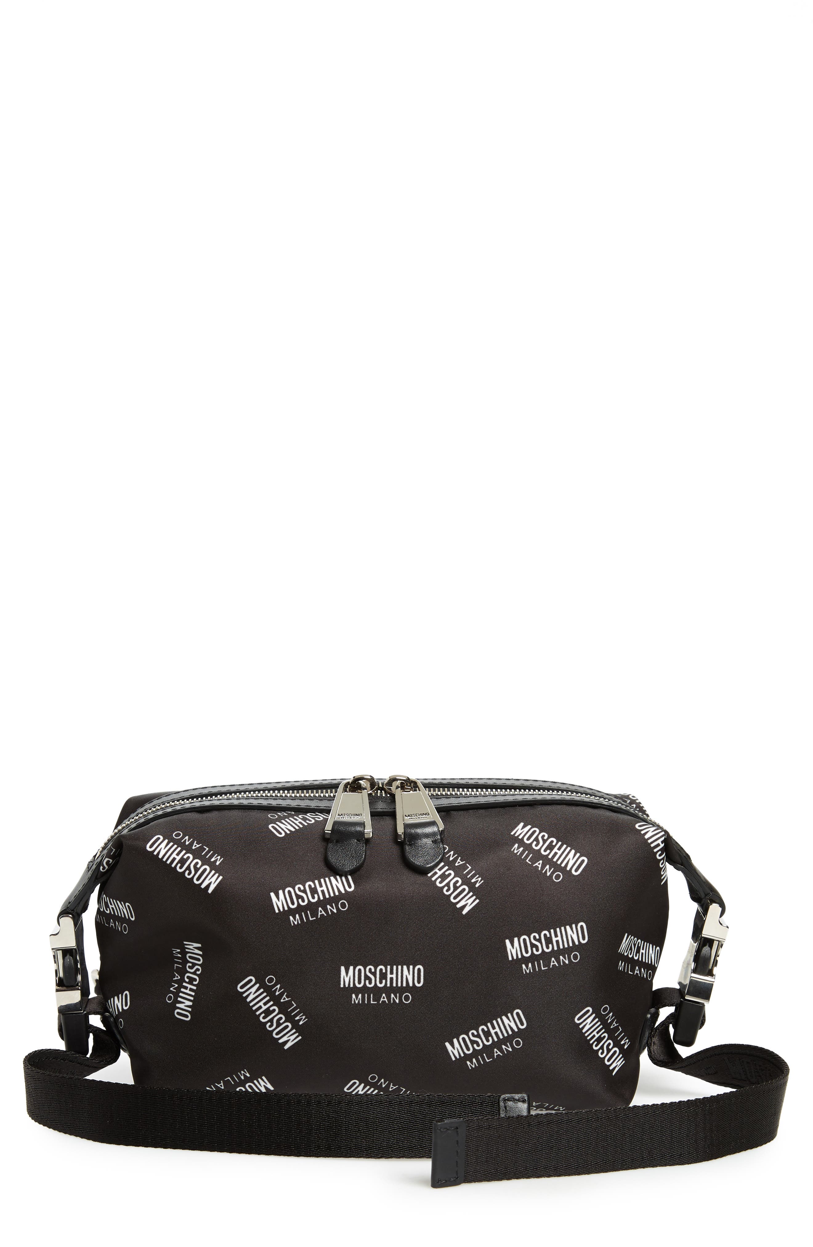 Moschino Logo Print Nylon Blend Belt Bag, Main, color, 