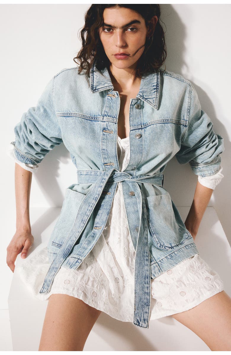 H&M Tie-belt denim jacket, Main, color, Light Denim Blue