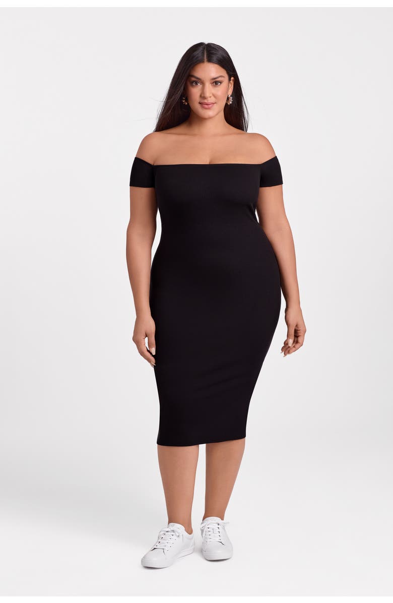 S3 Apparel Sculpting Shapewear Rib Straight Neck Off The Shoulder Midi Dress, Main, color, Onyx Black Rib