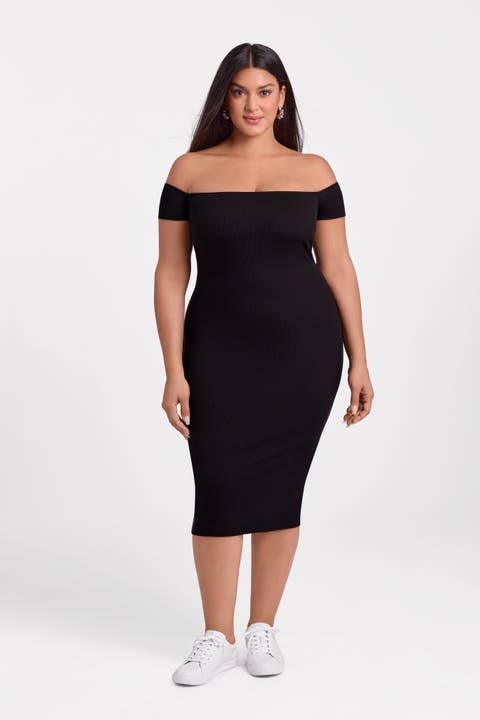 Sculpting Shapewear Rib Straight Neck Off The Shoulder Midi Dress
