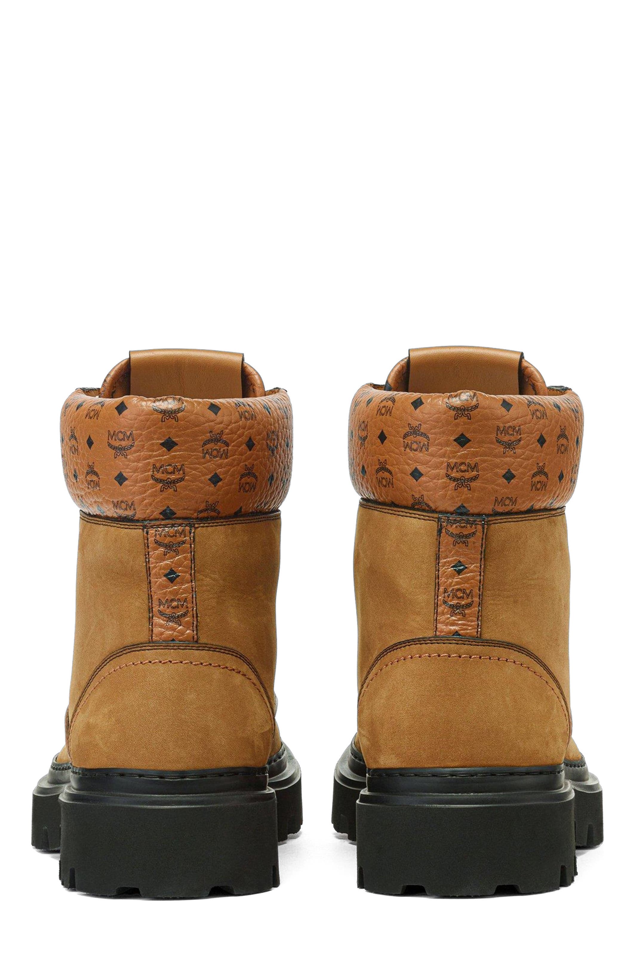 Female Ankle Boots in Nubuck and Monogram Print Leather, Alternate, color, Cognac & Offwhite
