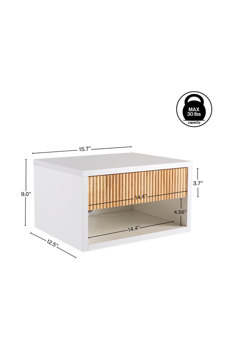 Elise Modern Floating Wall Mounted Nightstand, Bedside Table with Fluted Drawer, Open Shelf Cable Management,, Alternate, color, White/Light Oak