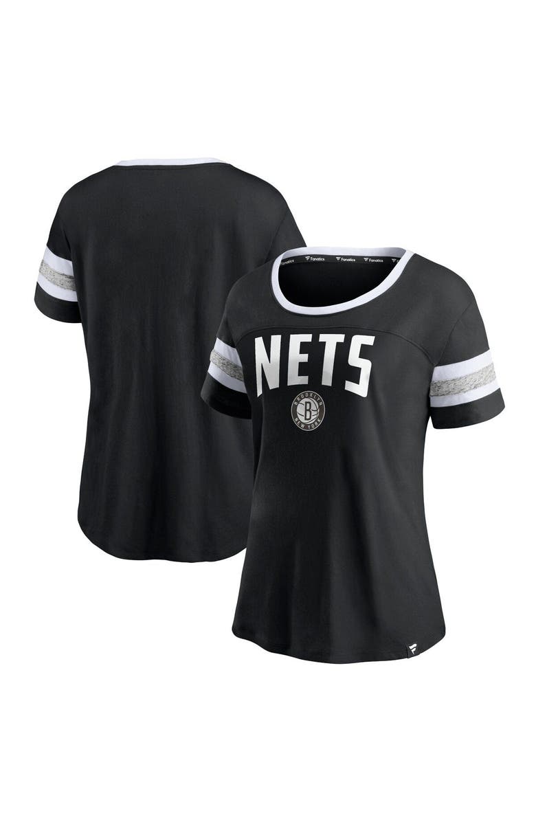 FANATICS Women's Fanatics Branded Black/Heathered Gray Brooklyn Nets Block Party Striped Sleeve T-Shirt, Main, color, Black