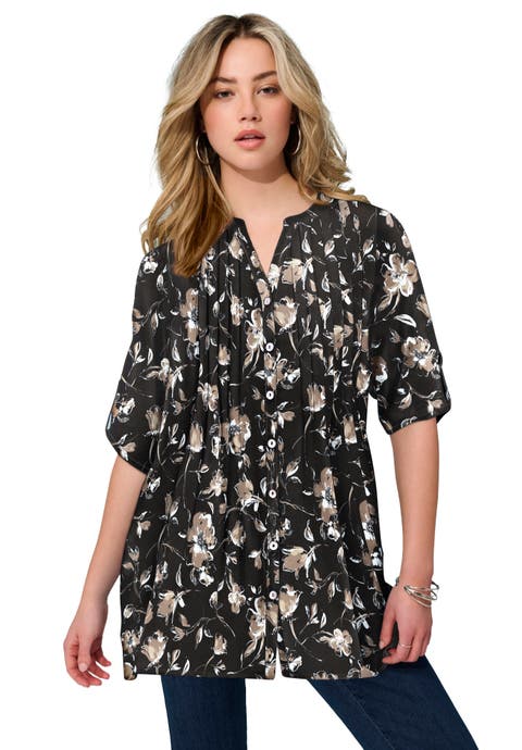 Pintuck Tunic Blouse Y-Neck & Roll-Tab Sleeves (Plus)