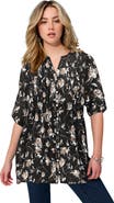 Roaman's Pintuck Tunic Blouse Y-Neck & Roll-Tab Sleeves