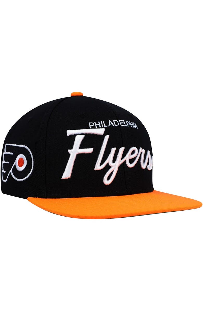 Mitchell & Ness Men's Mitchell & Ness Black/Orange Philadelphia Flyers Vintage Script Snapback Hat, Main, color, 