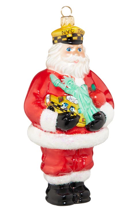 NYC Cabbie with Statue of Liberty Santa Glass Ornament