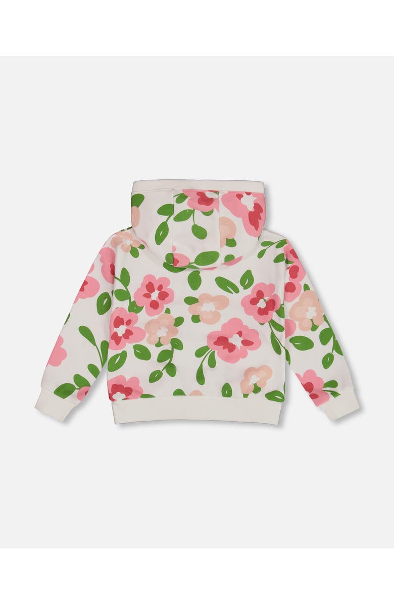 Deux par Deux Girl's Printed French Terry Hoodie Cardigan Pink Flowers On White Background, Alternate, color, Pink Flowers On White