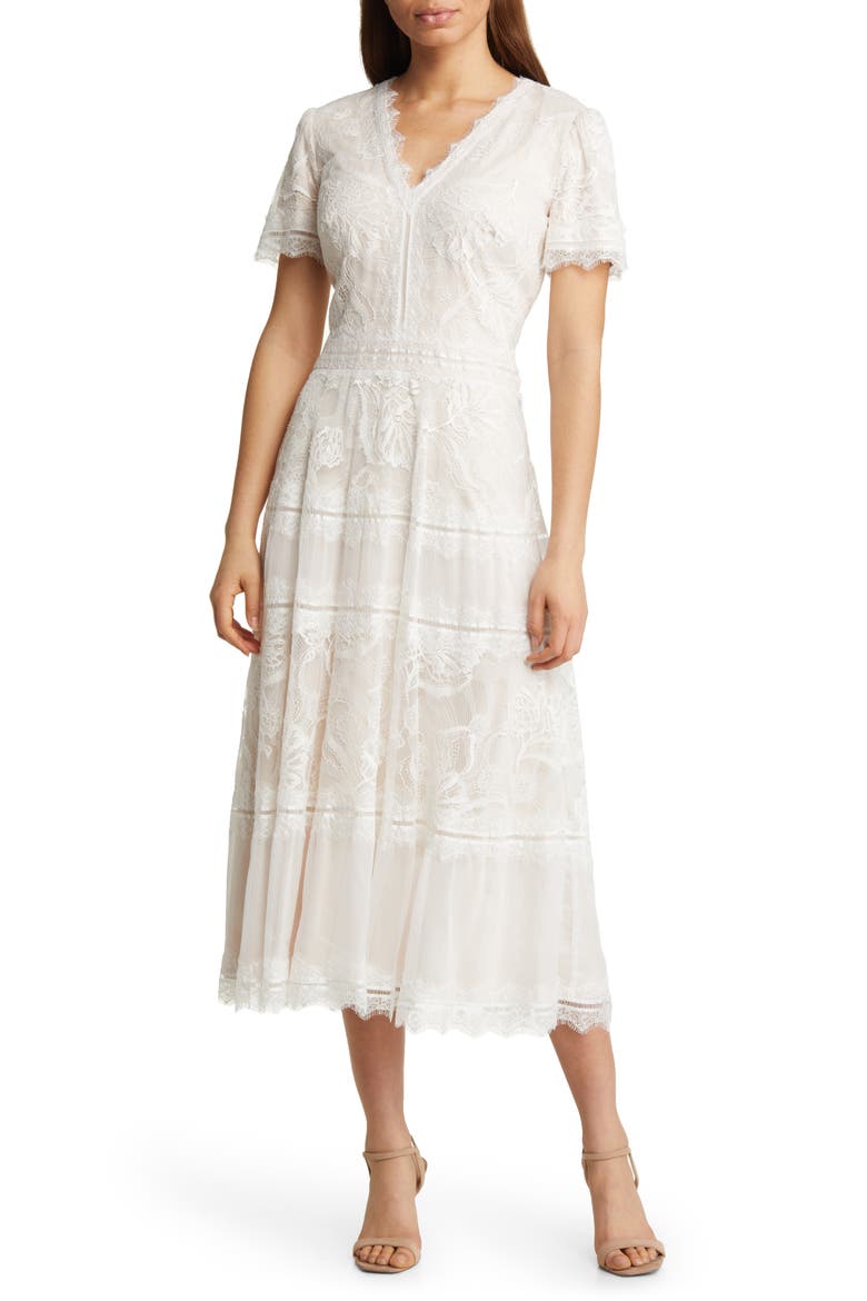 Lace & Mesh Midi Cocktail Dress, Main, color, IVORY/ PETAL