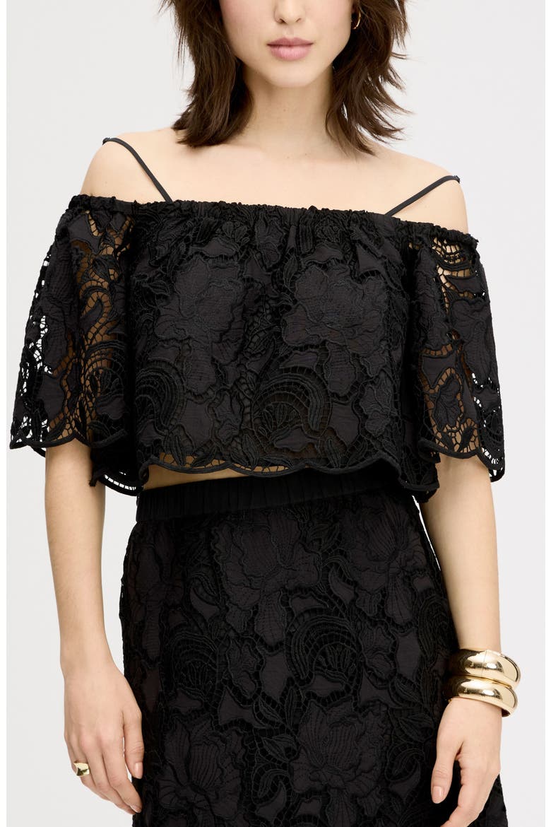 Lace Ruffle Off the Shoulder Crop Top, Main, color, TRUE BLACK