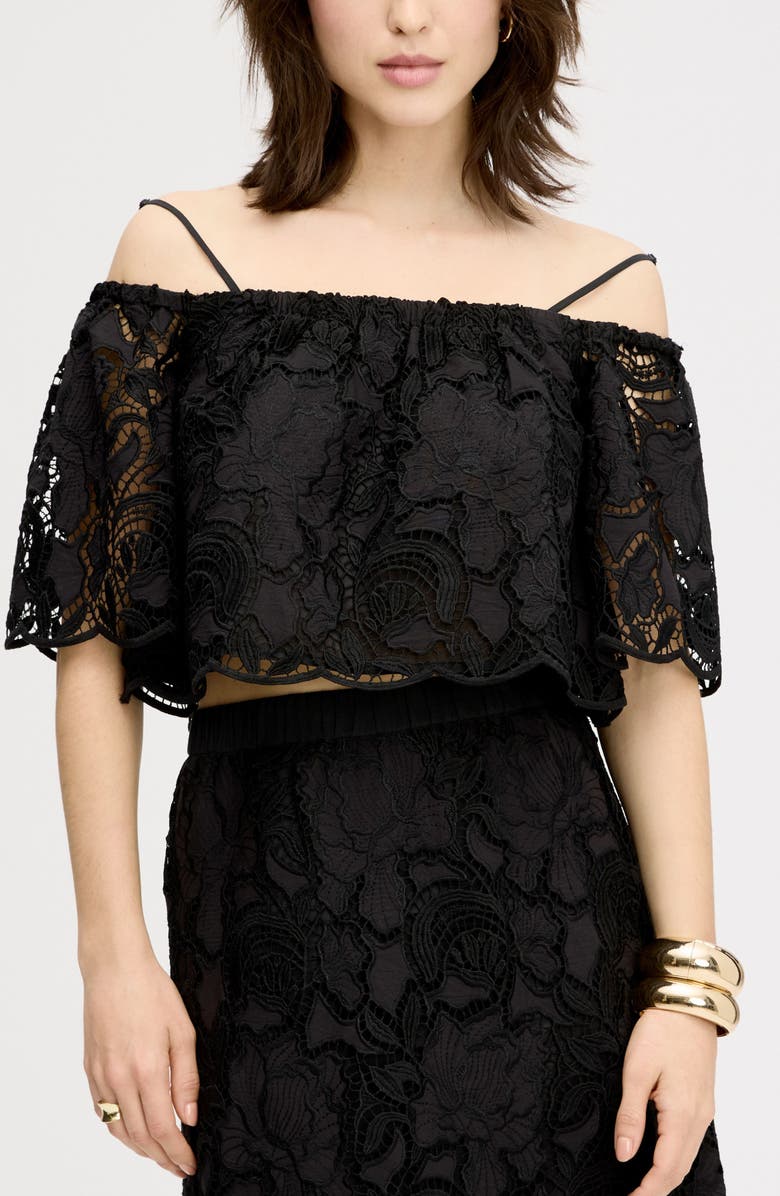 Sam Edelman Lace Ruffle Off the Shoulder Crop Top, Main, color, True Black