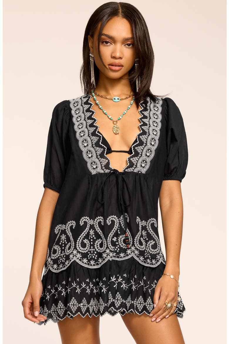 Angelina Embroidered Tie Front Cotton Cover-Up Dress, Alternate, color, BLACK / WHITE EYELET