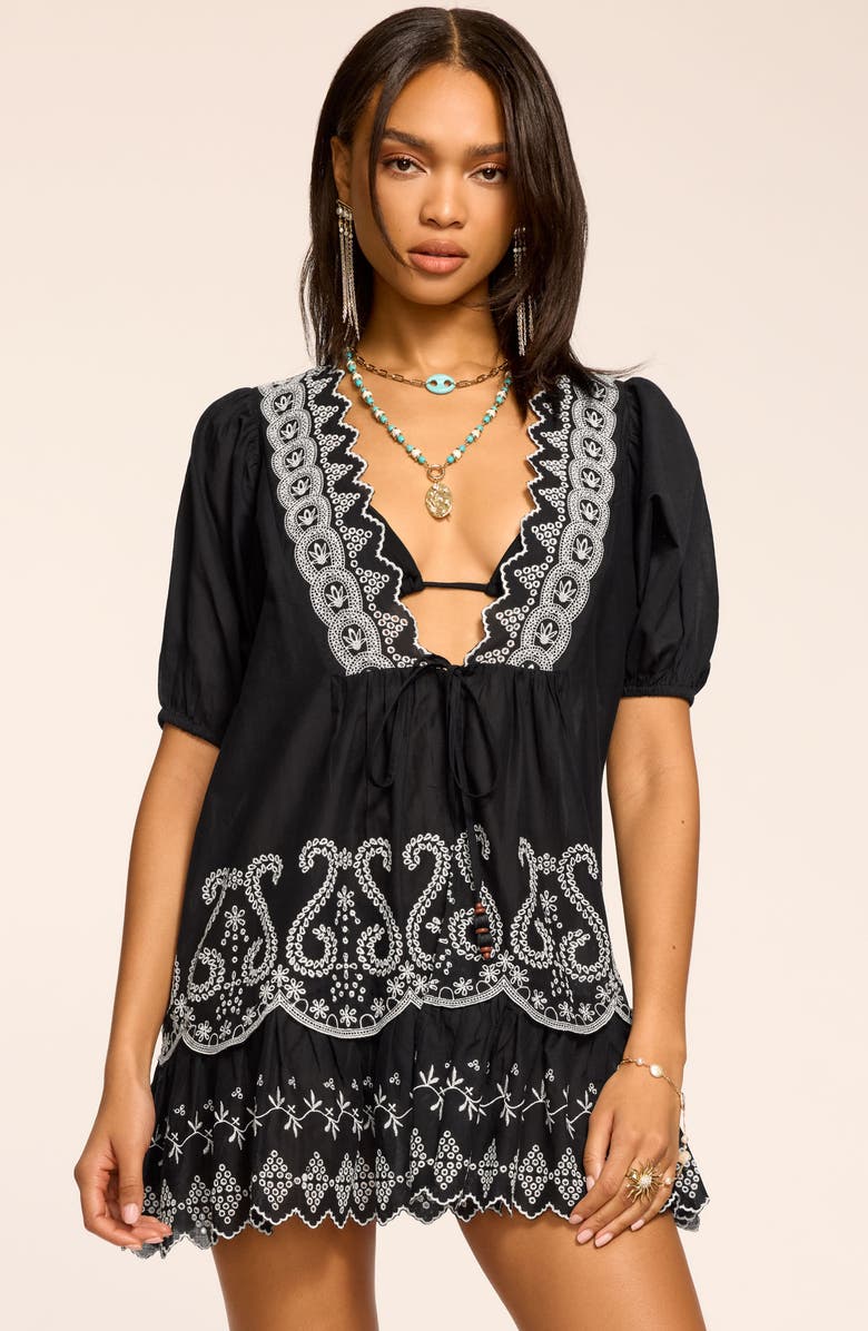 Ramy Brook Angelina Embroidered Tie Front Cotton Cover-Up Dress, Alternate, color, Black / White Eyelet