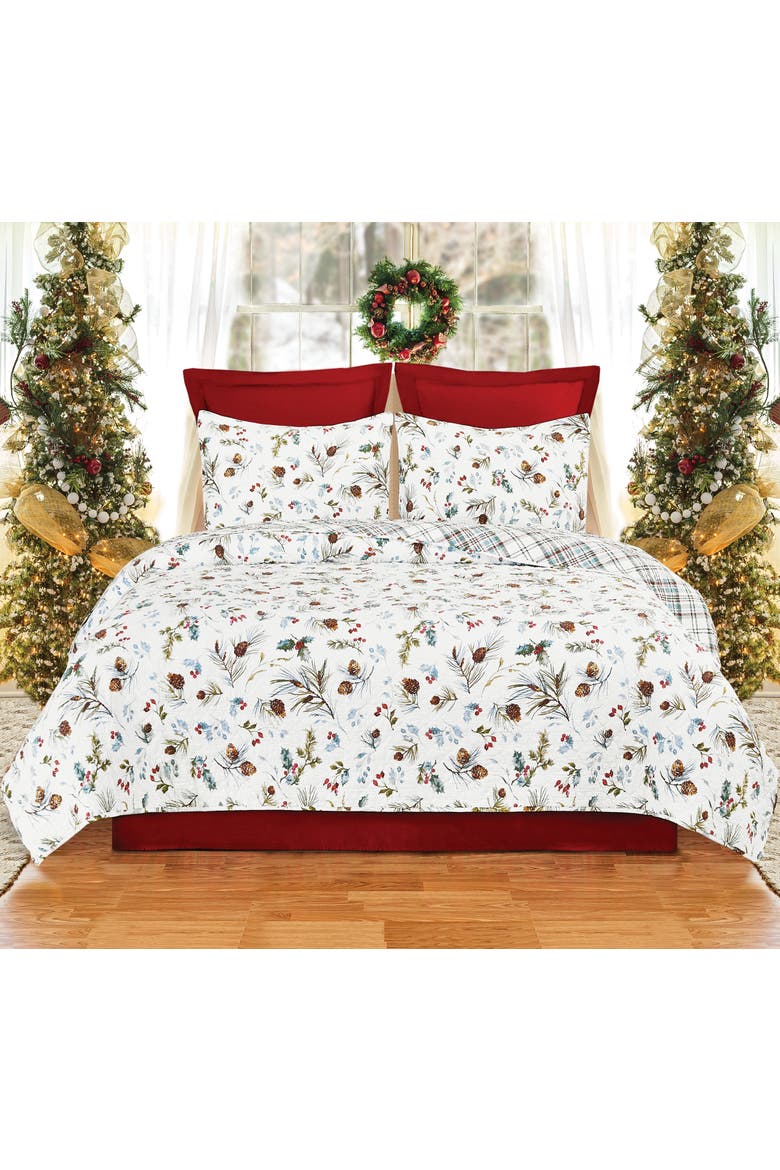 Edith Pinecone Cotton Quilt Set  - Reversible and Machine Washable, Main, color, White