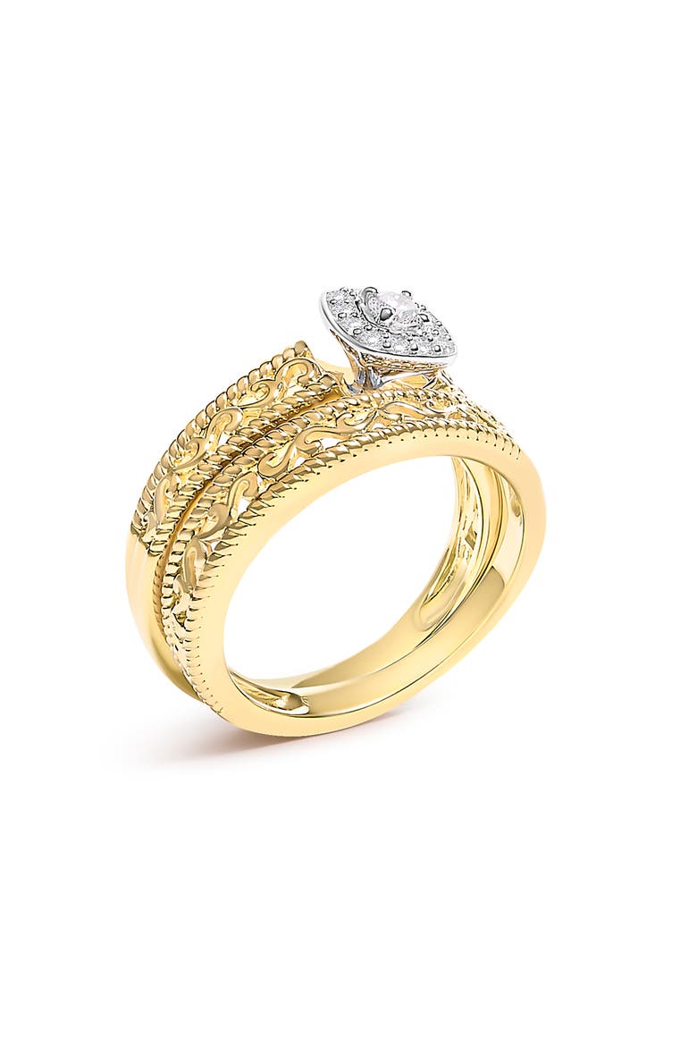 14K Yellow Gold Plated Silver 1/5 Ctw Diamond Halo and Milgrain Bridal Ring Set, Alternate, color, Yellow