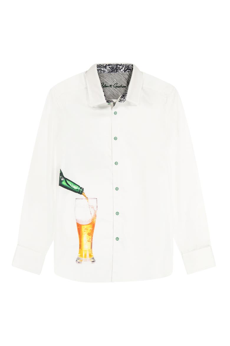Made to Measure Beer Print Stretch Cotton Button-Up Shirt, Alternate, color, WHITE