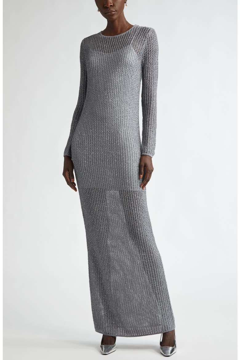 Sequin Long Sleeve Mesh Knit Gown, Main, color, SILVER