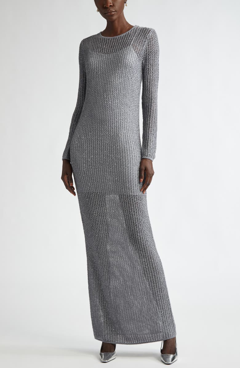 ST. JOHN Sequin Long Sleeve Mesh Knit Gown, Main, color, Silver