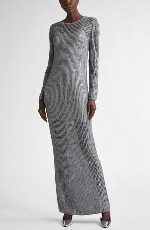 Sequin Long Sleeve Mesh Knit Gown