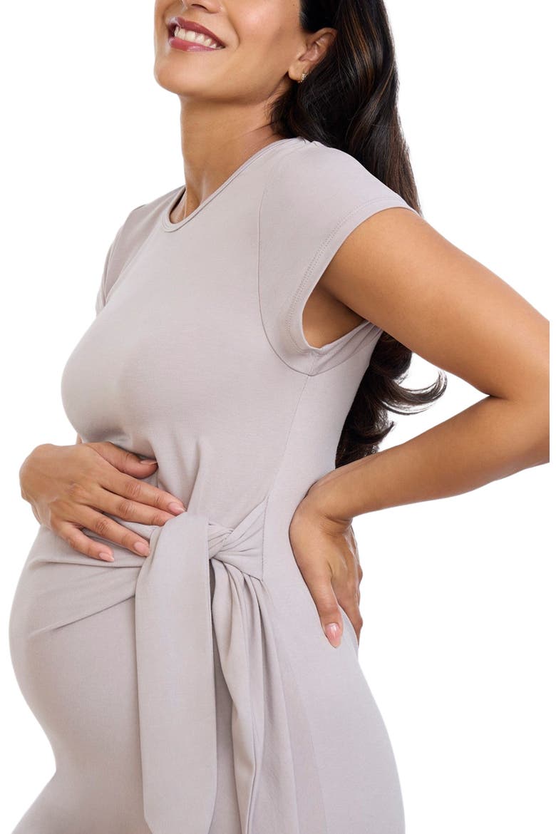 Crew Neck Short Sleeve Side Tie Maternity Midi Dress, Alternate, color, Opal